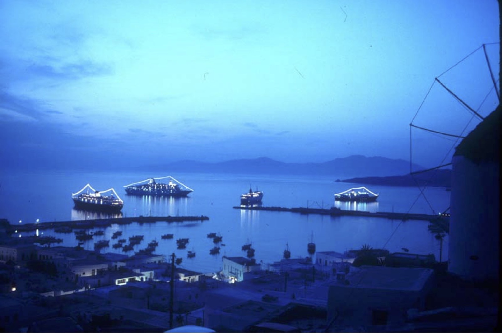 Cruise ships anchored near Mykonos in the Mediterranean
